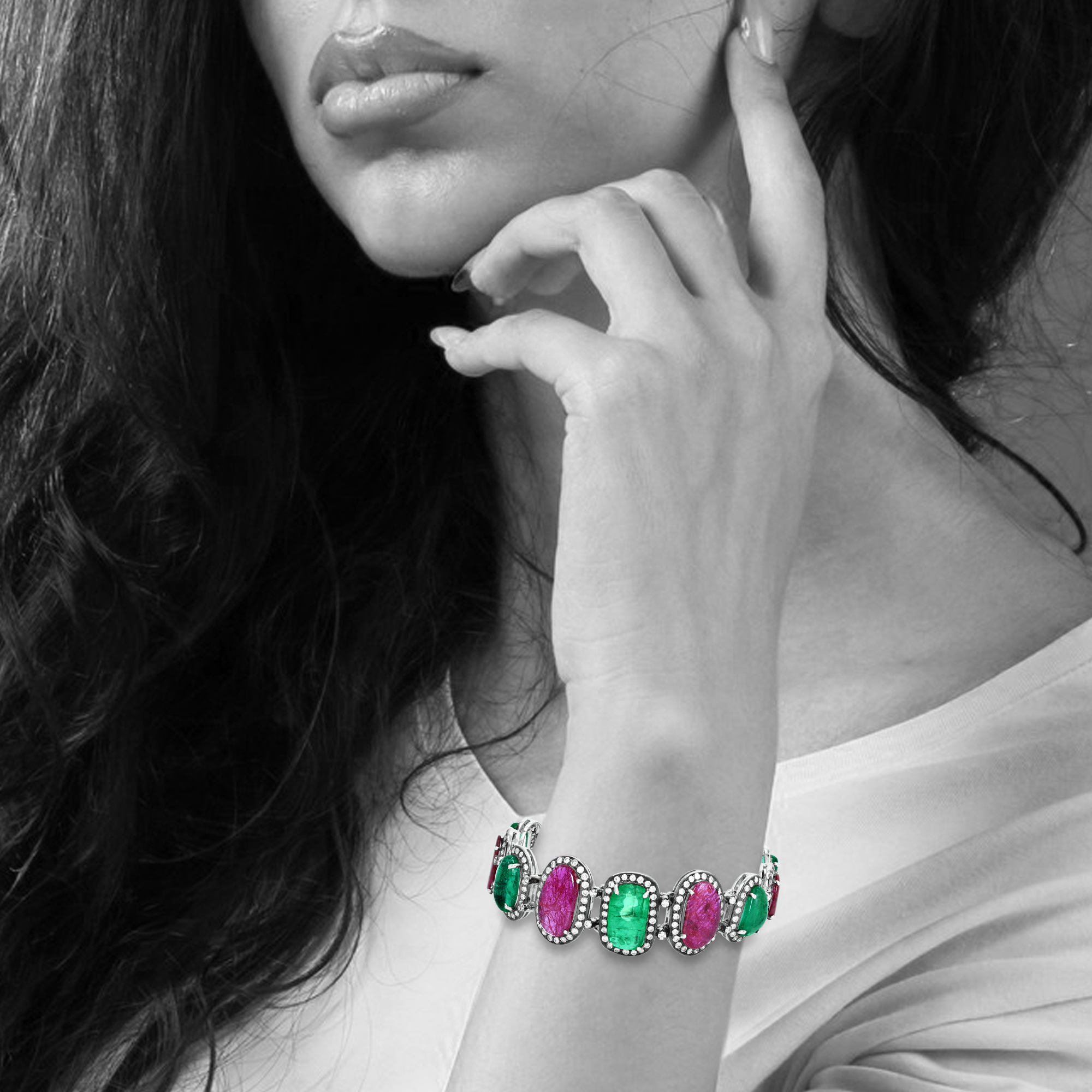 Alternating Pink and Green Bracelet with Diamond Halos